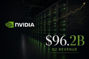 NVIDIA logo beside rows of green-lit data-center servers, with $96.2B Q2 revenue overlaid on a rising gold chart.