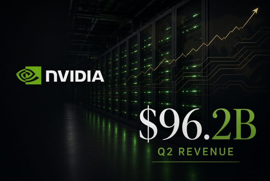 NVIDIA logo beside rows of green-lit data-center servers, with $96.2B Q2 revenue overlaid on a rising gold chart.