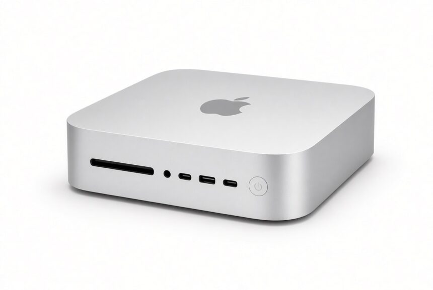 Silver Apple Mac mini with the Apple logo on top, photographed on a white background, used to illustrate the Mac mini RAM apocalypse and higher 2026 prices.
