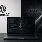 Split image with the OpenAI blossom logo on a white panel and the SpaceX wordmark on a dark panel, a cracked laptop code editor sitting between them.