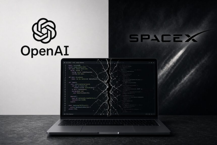 Split image with the OpenAI blossom logo on a white panel and the SpaceX wordmark on a dark panel, a cracked laptop code editor sitting between them.