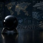 Black Palantir seeing-stone logo on a stand beside the word PALANTIR, set in a dark command center with glowing world maps, network graphs, and industrial data screens.