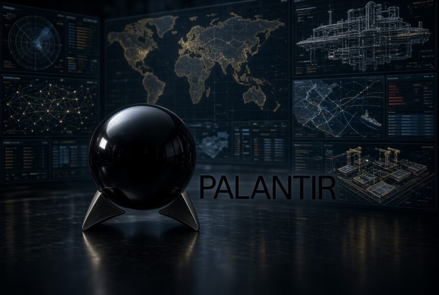 Black Palantir seeing-stone logo on a stand beside the word PALANTIR, set in a dark command center with glowing world maps, network graphs, and industrial data screens.