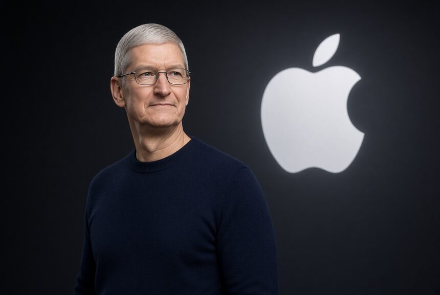 Tim Cook last day as Apple CEO: portrait of Tim Cook in a navy sweater standing beside a glowing white Apple logo on a dark stage background.