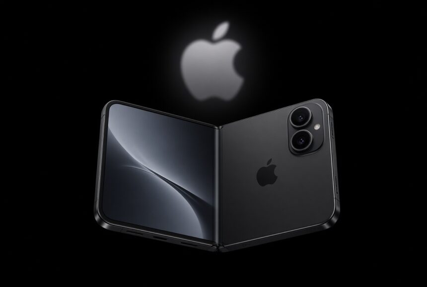 Foldable iPhone Duo on a black background with a faint Apple logo behind it.