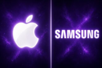 iPhone Duo vs Galaxy Z Fold 8: 2026 Hands-On Buyer's Guide, Apple vs Samsung logos on purple.