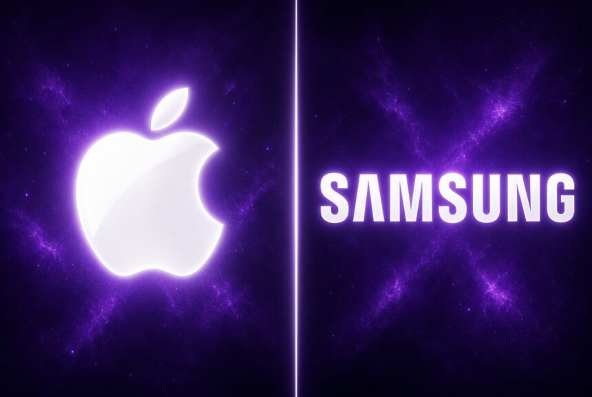 iPhone Duo vs Galaxy Z Fold 8: 2026 Hands-On Buyer's Guide, Apple vs Samsung logos on purple.