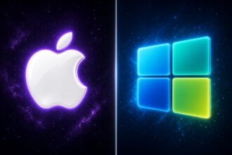 MacBook Air M5 vs Windows Laptops 2026 Buyer's Guide, Apple and Windows logos.