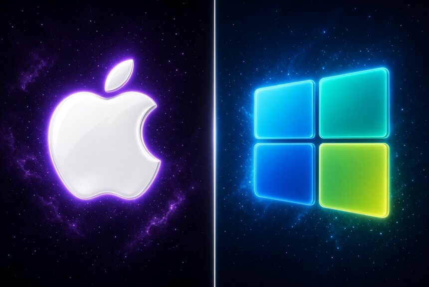 MacBook Air M5 vs Windows Laptops 2026 Buyer's Guide, Apple and Windows logos.