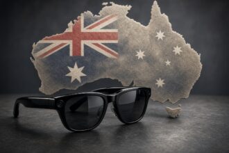 Australia Weighs Smart Glasses Ban in Government Buildings, glasses over flag and map.