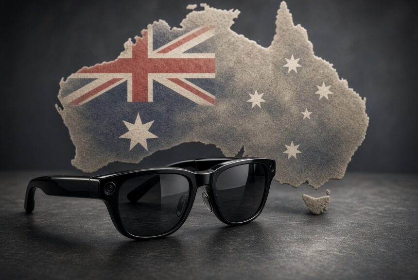 Australia Weighs Smart Glasses Ban in Government Buildings, glasses over flag and map.
