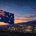Albanese Says Australia Must Shape AI on US Trip, California campus and Australian flag.