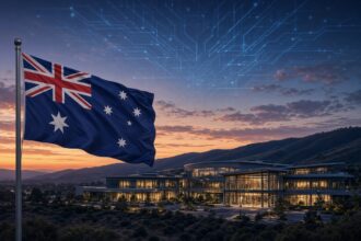 Albanese Says Australia Must Shape AI on US Trip, California campus and Australian flag.