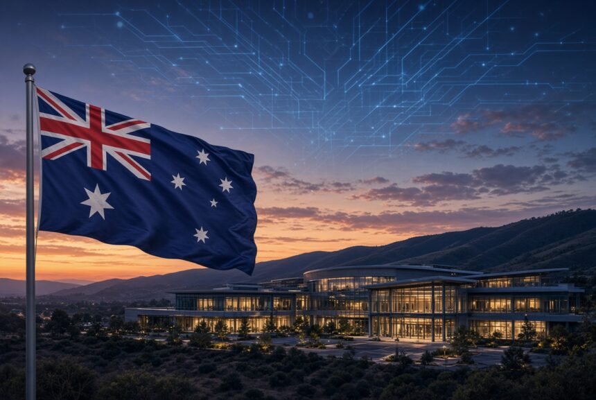 Albanese Says Australia Must Shape AI on US Trip, California campus and Australian flag.
