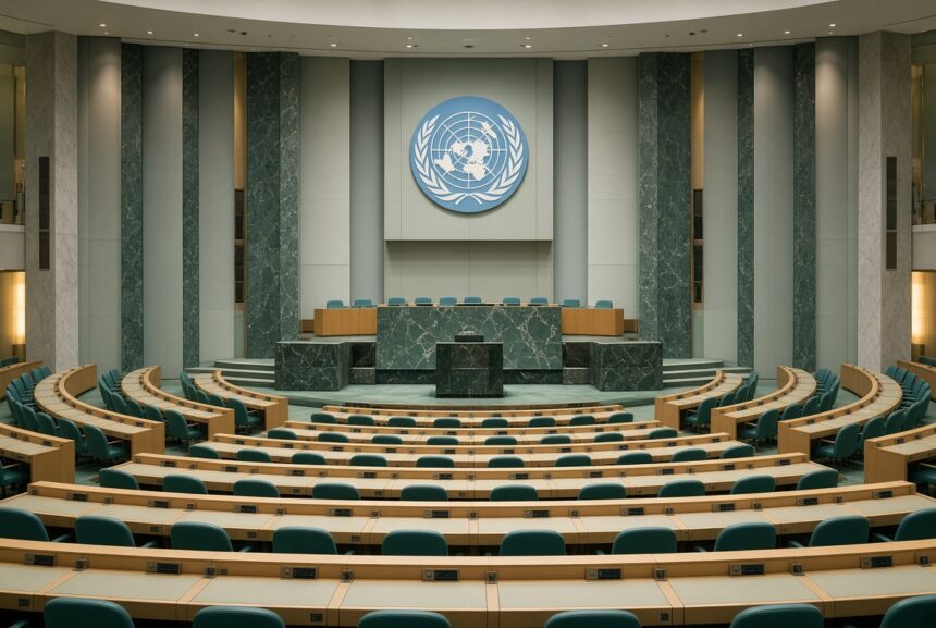 Albanese Urges US-China AI Deal Like Nuclear Treaty, United Nations General Assembly hall.