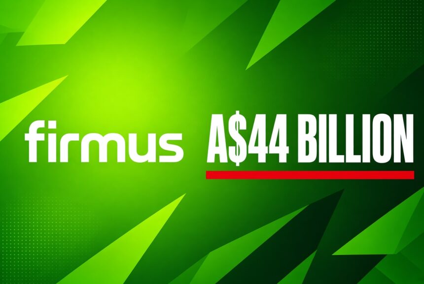 Firmus logo on a bright green background with A$44 billion overlay.