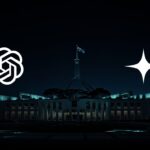 AI copyright deal, Parliament House at night with OpenAI and Anthropic logos.