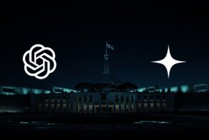 AI copyright deal, Parliament House at night with OpenAI and Anthropic logos.