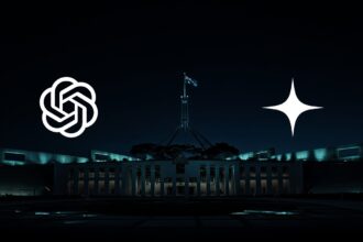 AI copyright deal, Parliament House at night with OpenAI and Anthropic logos.