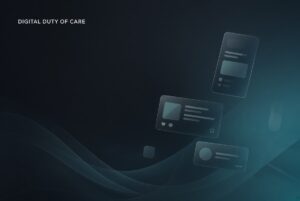 Digital Duty of Care, abstract dark header with phone and feed elements.