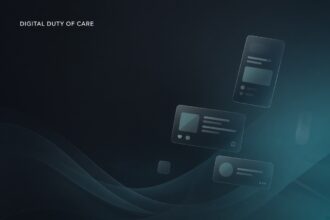 Digital Duty of Care, abstract dark header with phone and feed elements.